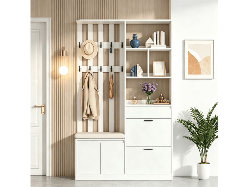  Meuble d'entrée avec banc rembourré, 2 portes, 2 abattants à chaussures, tiroir et 10 patères, 120 × 30 × 200 cm  - Conforama C