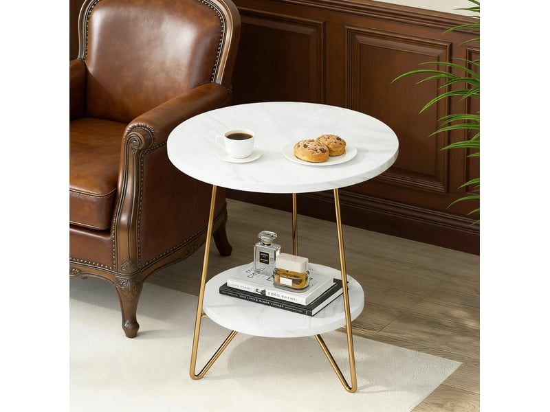  Table d'appoint ronde 48x48x55 cm à 2 niveaux métal or et blanc  - Conforama D
