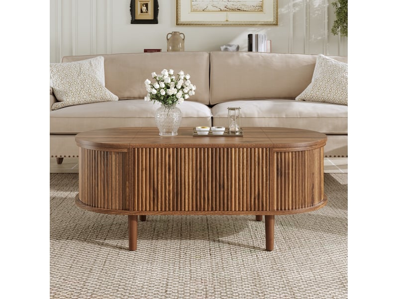  Table basse ovale relevable 100x48 cm avec rangement, coloris noyer  - Conforama D