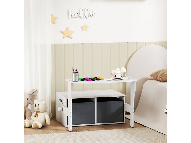 Coffre à jouet enfant 3 en 1, ensemble table et chaises avec 2 bacs en tissu amovibles, 67,5 x 46,5 x 56,7 cm, blanc  - Conforama C