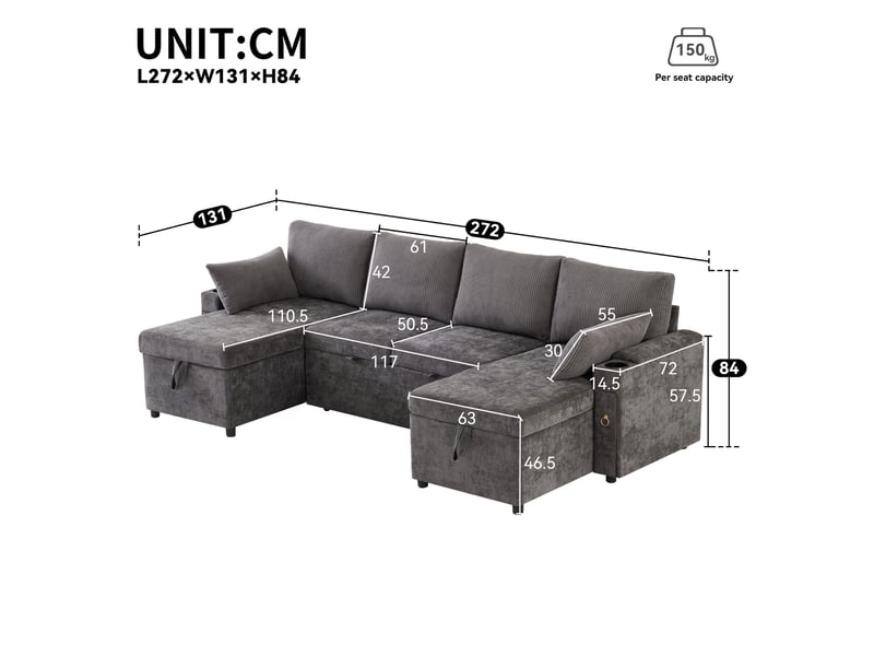  Canapé d'angle convertible 4 places 272 x 131 x 84 cm, forme u, couchage, coffre, porte-gobelets, coussins, chenille, gris Bliss Lite - Conforama C