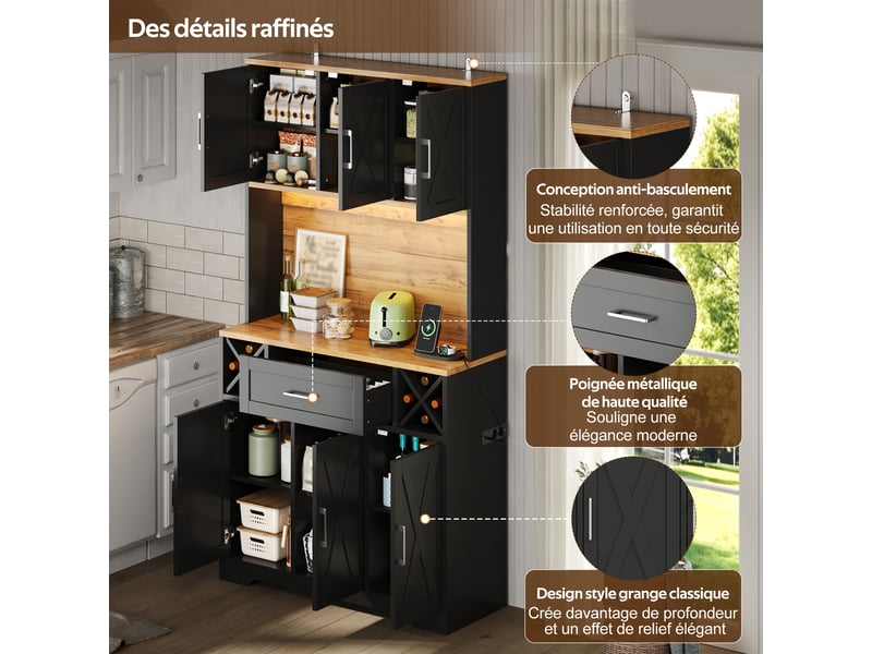  Vaisselier haut meuble de cuisine avec éclairage led rgb range bouteilles et prises électriques 105x40x180 cm  - Conforama D