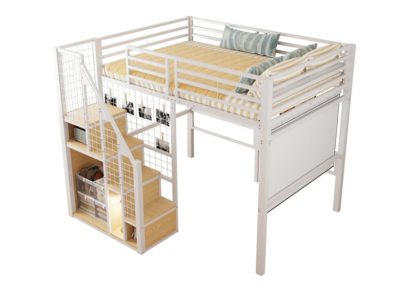 Lit mezzanine 140x200 avec échelle de sécurité, lit enfant en métal blanc avec espace de rangement, idéal pour adolescent - Conforama C