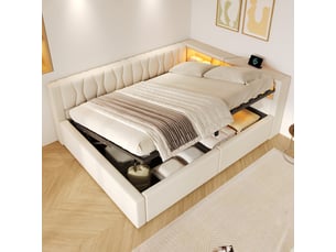 Lit banquette coffre 140x200 cm - avec de rangement hydraulique, éclairage led dimmable, tête de lit étagère et prises usb, beige