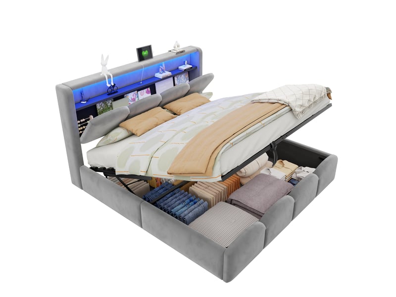  Lit coffre 2 places 140x200 cm, sans matelas, mdf gris, espace de rangement, type-c, usb, led intégré, espace de rangement, doté de tête de lit  - Conforama A