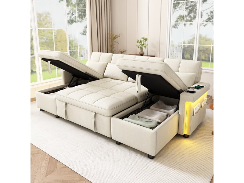 Canapé d'angle en u convertible, 2 méridiennes coffre, led, usbtype-c, dossier réglable, porte-gobelets, chenille beige - Conforama B