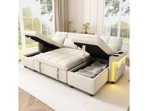 Canapé d'angle panoramique convertible   4 places Tissu beige avec coffre de rangement