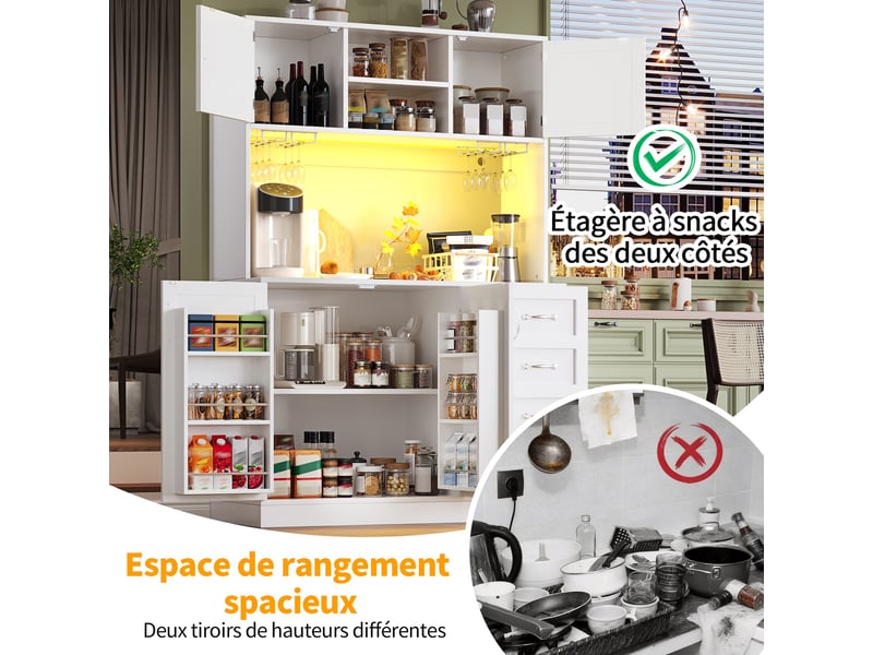Buffet haut de cuisine 120 x 40 x 188 cm, meuble de rangement avec led, 4 portes, 4 tiroirs, étagère snacks et porte-boissons - Conforama D
