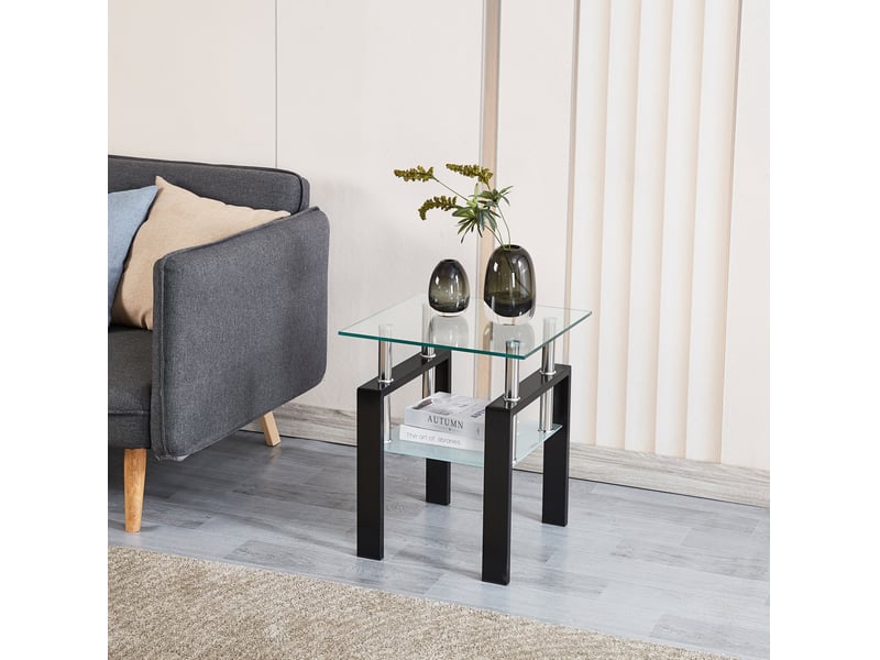  Table basse en verre trempé 50,5x50,5x23 cm – transparent – double plateau, pieds noirs, style moderne  - Conforama D
