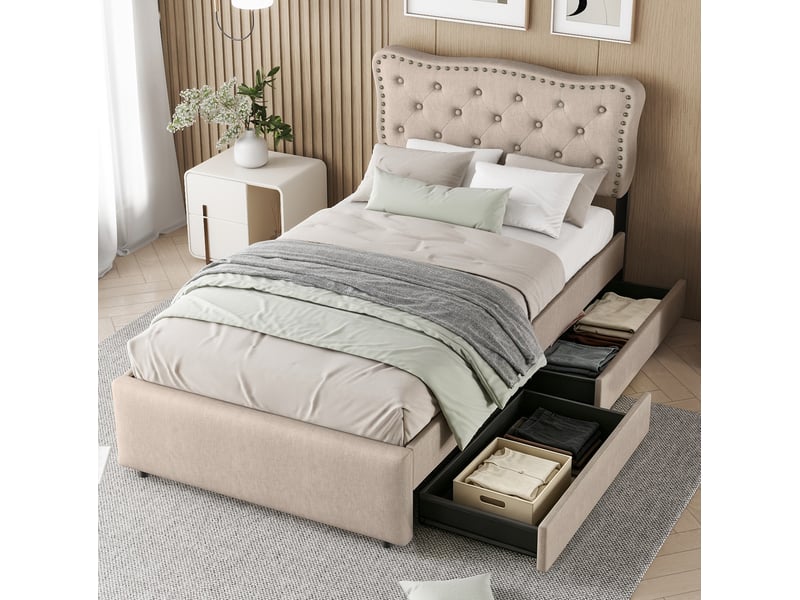  Modenvie lit 1 place 90x200 cm - tête de lit réglable, 2 tiroirs de rangement - usage quotidien - beige  - Conforama B