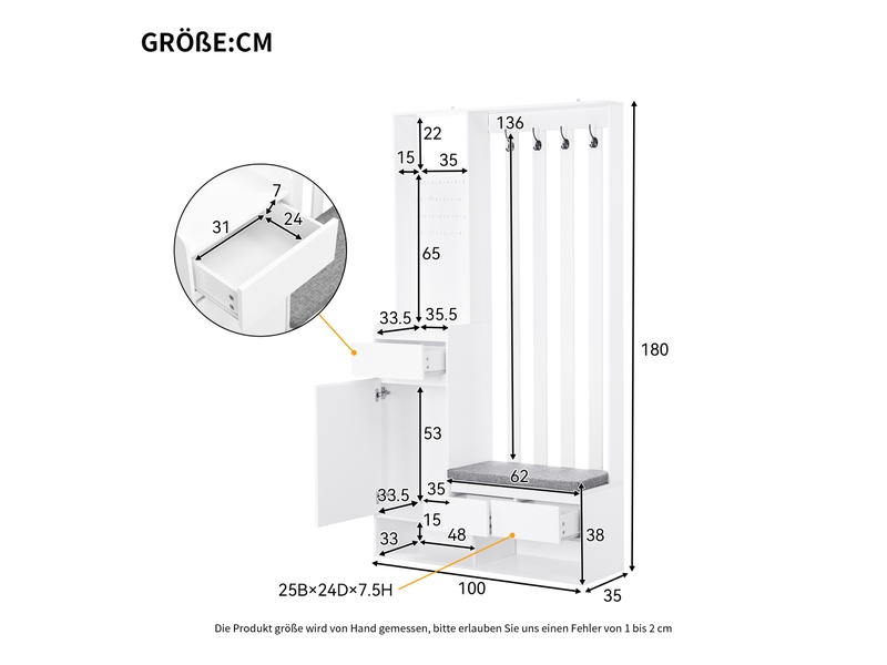  Portemanteau avec banc et rangement 100 x 180 cm en mdf blanc  - Conforama C