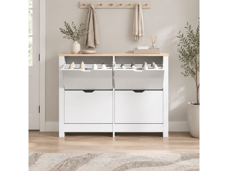 Meuble à chaussures étroit, avec 4 compartiments basculants et 8 étagères, pour entrée, bois, blanc, 105×26×80 cm  - Conforama B