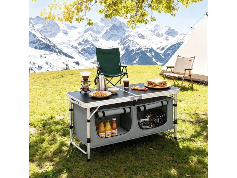  Table de camping pliante ulevr avec sac de rangement suspendu, hauteur réglable 62 ou 69,5 cm, 120 x 47 cm, noir et gris  - Conforama D