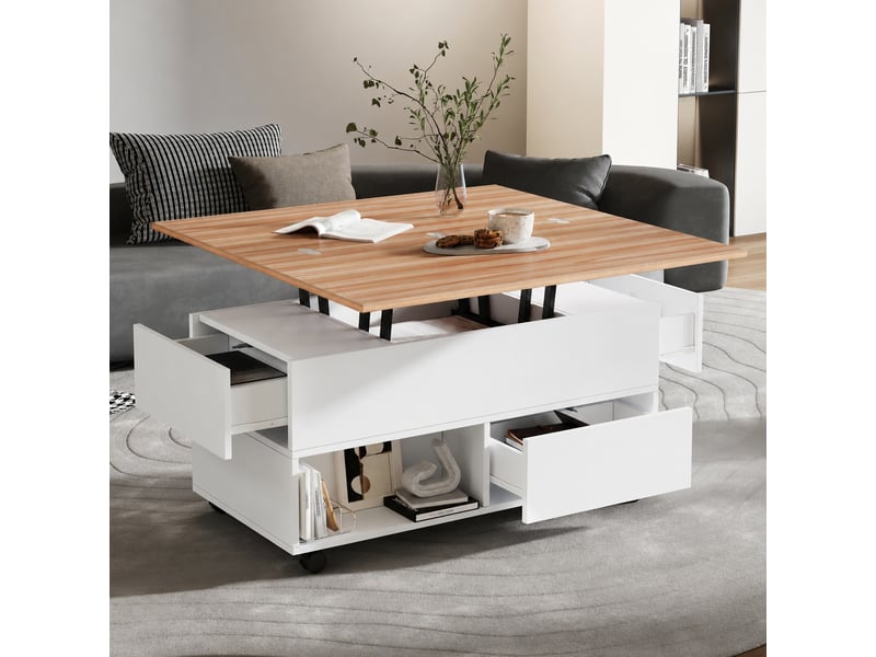  Table basse relevable et extensible, double plateau, 4 tiroirs, roulettes, blanc et effet chêne  - Conforama E