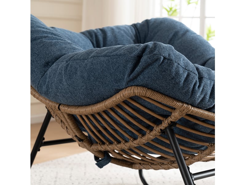  Fauteuil à bascule papasan en chenille avec assise enveloppante et structure métallique, bleu, 96×58×31 cm  - Conforama E