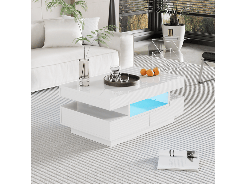  Table basse rectangulaire 80x50x36cm laquée haute brillance avec led | 4 tiroirs et 3 niches | charge 20kg - blanc  - Conforama C