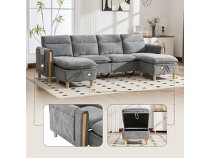 Canapé d'angle panoramique convertible <strong>SAPGAKS</strong> <strong></strong> 4 places Velours côtelé gris avec coffre de rangement