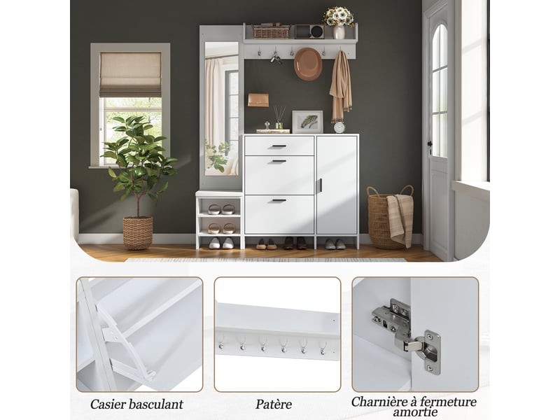 Meubles d'entrée avec 1 tiroir, 2 abattants, 1 porte, 7 niches, miroir, 6 crochets, en mdf, 140×30×200 cm, blanc - Conforama E