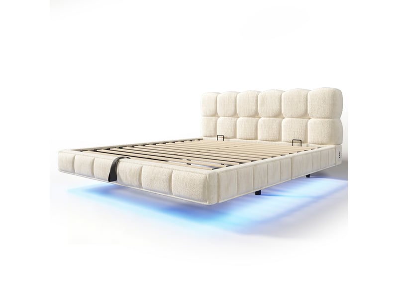 Lit coffre bubble en chenille beige 140x190 cm avec led, usb et type-c Fay Lum - Conforama W