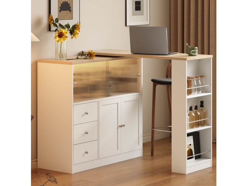  Îlot de cuisine 172x40x96 cm avec plateau pivotant, rangements et led blanc  - Conforama E