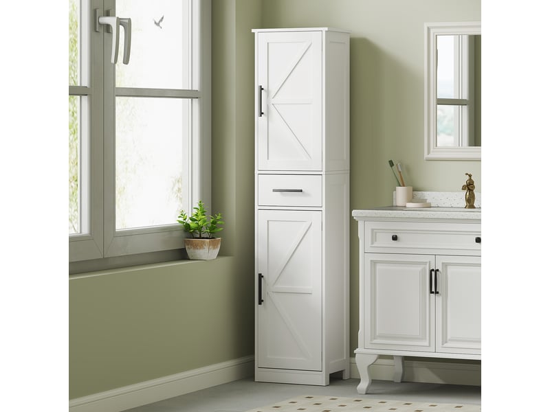  Meuble de salle de bain haut et étroit, style rustique, 40 x 30 x 170 cm, blanc, avec 2 portes, 1 tiroir et 2 étagères réglables  - Conforama C