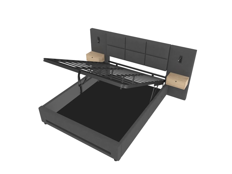  Lit coffre 160 × 200 cm en velours gris foncé avec tiroirs, usb-c et led Fay Lum - Conforama E
