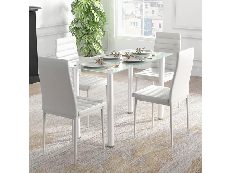  Ensemble de salle à manger 5 pièces, coin salon, table et 4 chaises, design moderne, table en verre, blanc  - Conforama D