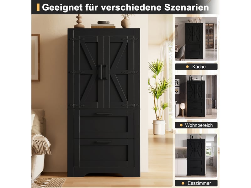  Buffet latéral 60x30x128 cm, armoire de rangement noire avec 2 tiroirs et étagères modulaires, idéal pour cuisine et salon  - Conforama E