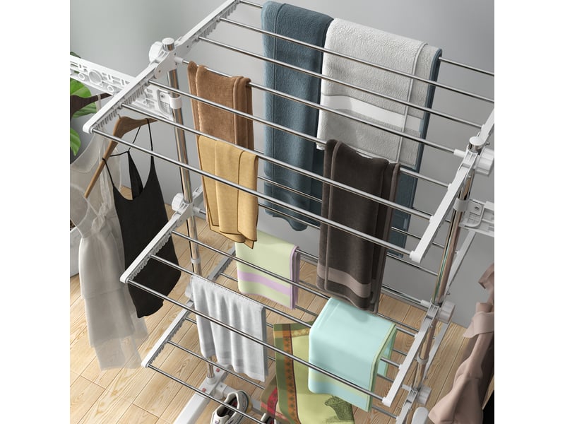  Séchoir à linge mobile pliable 142x55x152 cm – blanc – 3 niveaux, ailes réglables et roulettes freinées  - Conforama E