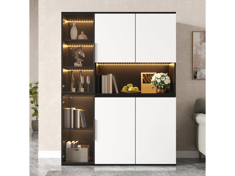 Vitrine moderne noir et blanc 160x40x120 cm, meuble en mdf avec éclairage led intégré et portes vitrees - Conforama B