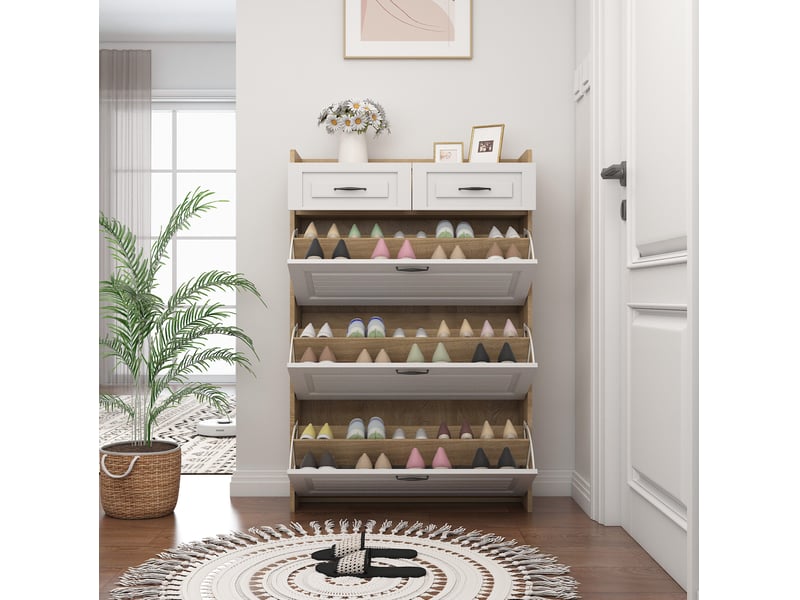  Meuble à chaussures 80x23,5x131 cm, portes, tiroirs, meuble entrée, rangement, panneau de particules, blanc et naturel  - Conforama D