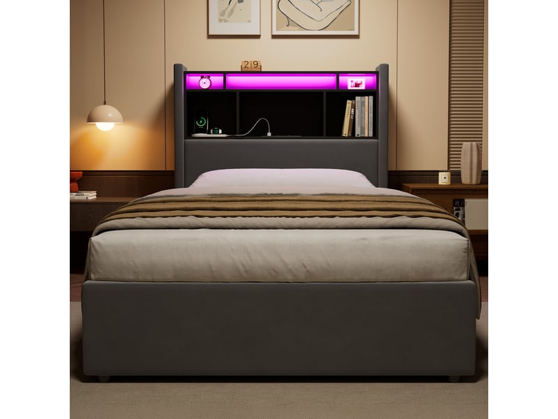  Lit coffre enfant 90x200 cm avec led, station de recharge et coffre hydraulique, velours gris foncé, bois et métal  - Conforama B