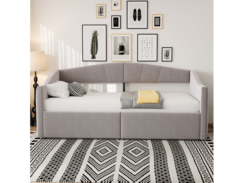 Lit coffre tcqpz 90 x 200 cm avec rangement hydraulique, sommier à lattes, accoudoirs, velours gris clair  - Conforama D