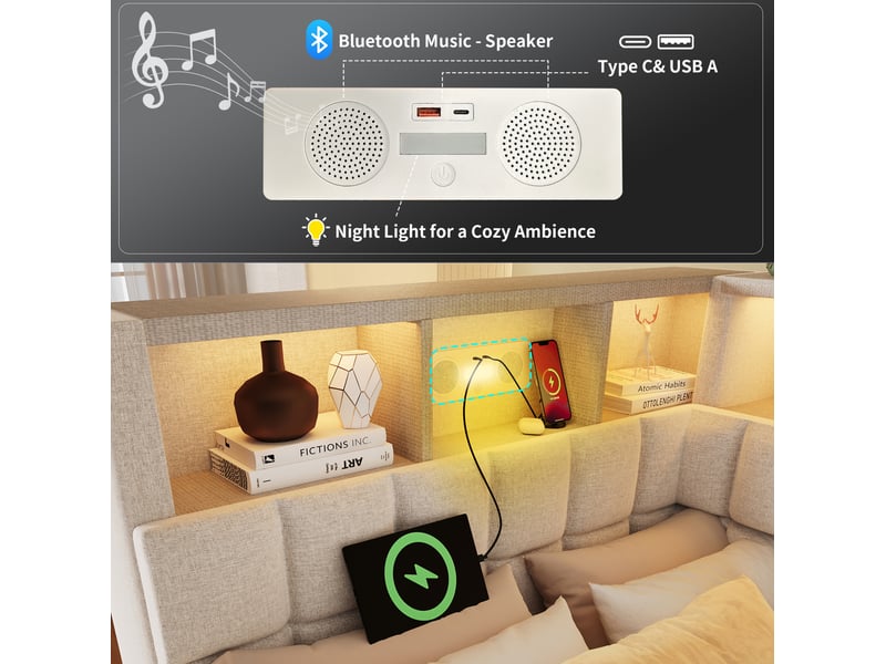  Lit banquette 90x200 cm – beige – lit gigogne, led, rangement, usb-c et enceinte bluetooth – sans matelas  - Conforama E
