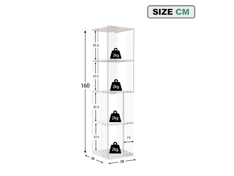  Vitrine verre rotative 360° - 38x38x160cm - bibliothèque pivotante 4 niveaux avec éclairage led multicolore tactile - blanc  - Conforama E