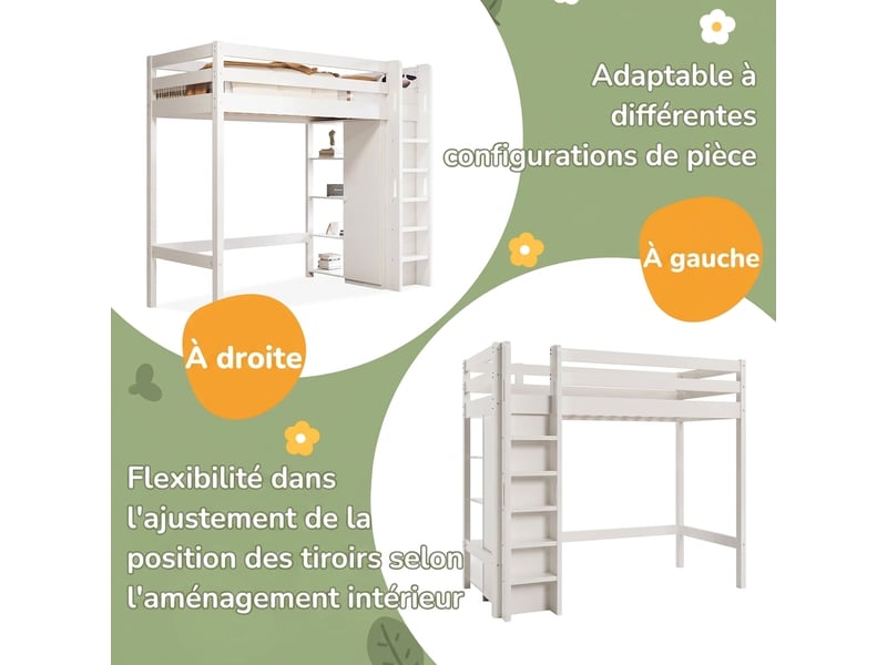  Lit mezzanine 90x200 cm avec armoire et 6 étagères - bois massif et panneaux blanc - 120 kg  - Conforama D