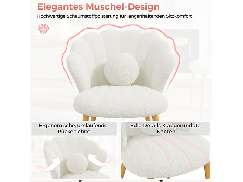  Chaises de salle à manger lot de 4 avec dossier coquille, coussins ronds et pieds dorés en tissu bouclette blanc  - Conforama D