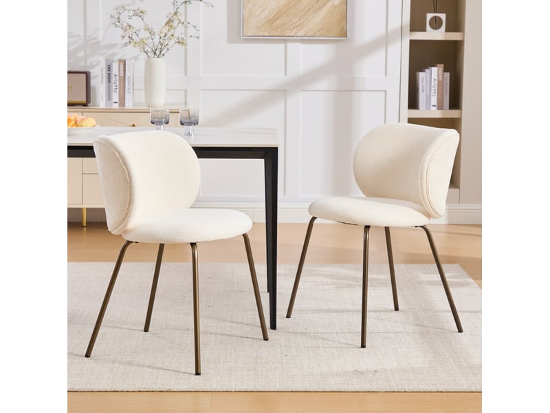  Lot de 2 chaises de salle à manger en chenille crème avec pieds en métal bronze  - Conforama D