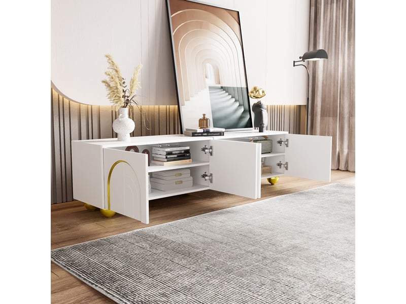  Meuble tv 170x38x44 cm, 4 portes, tiroirs, façades texturées, détails dorés, grand rangement pour salon et séjour - blanc  - Conforama E