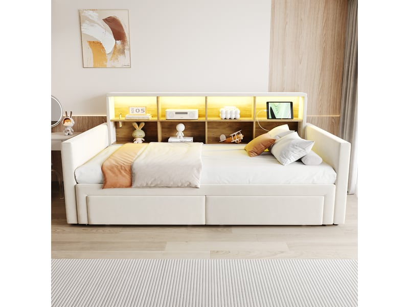  Lit canapé capitonné 90180 x190cm, led et rangements, velours beige, avec tiroirs et sommier à lattes  - Conforama D