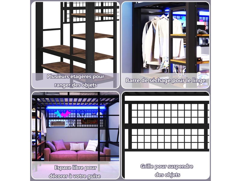 Lit mezzanine enfant 140 x 200 cm en métal avec led réglable, étagère, filet suspendu et penderie gain de place, noir - Conforama D