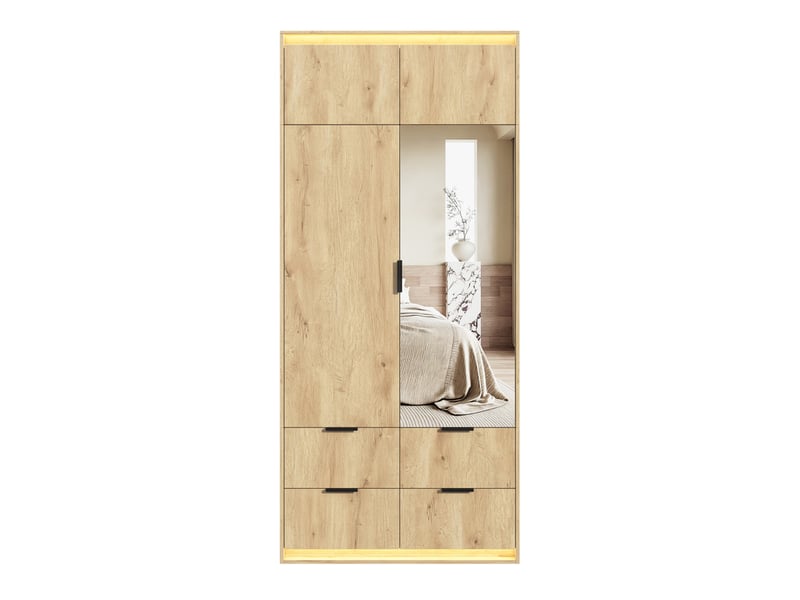  Armoire moderne,avec miroir et éclairage led,équipée d'une tringle et de 4 tiroirs,90 x 47 x 200 cm, finition anthracite et chêne  - Conforama A