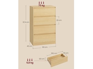 Commode de rangement moderne 40 x 60 x 97,4 cm avec 4 tiroirs pratique style épuré en panneau aggloméré beige chêne 12_0012111