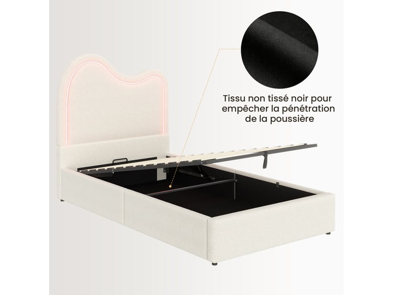  Lit coffre enfant 90 × 200 cm 1 place avec rangement hydraulique et led multicolore, sans matelas, bouclé blanc  - Conforama E