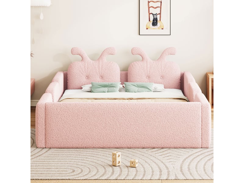 Lit enfant rembourré 140x200cm avec tête de lit oreilles de lapin, barrières de sécurité et cadre capitonné, mdf et contreplaqué - rose - Conforama E