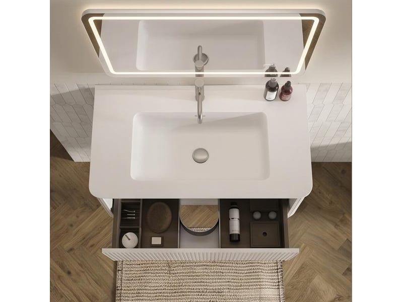  Meuble de salle de bains suspendu 81 cm blanc avec vasque, colonne et miroir led antibuée réglable  - Conforama D