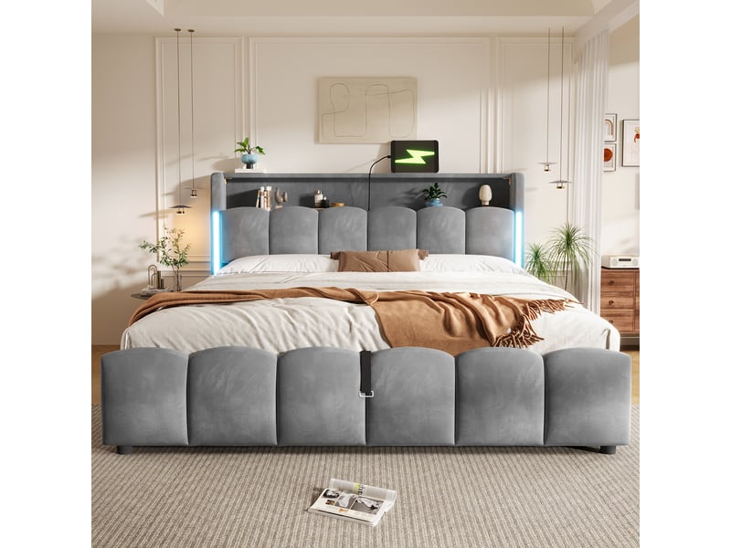  Lit rembourré 180 x 200 cm sans matelas, led, coffre hydraulique, tête avec rangement, usb et type-c, velours gris  - Conforama E