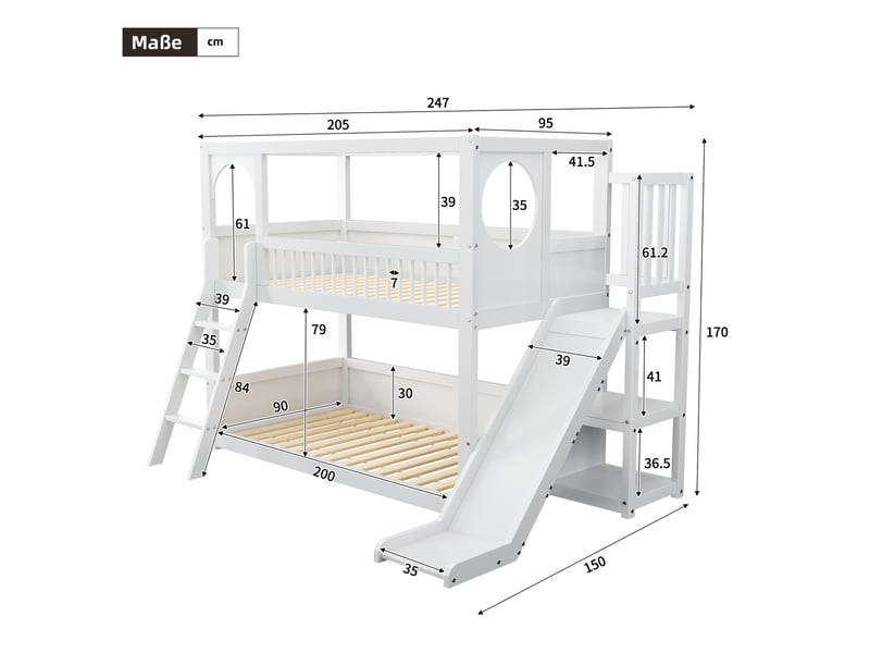  Lit superposé enfant avec toboggan et rangements, couchages 90x200 cm, blanc  - Conforama E