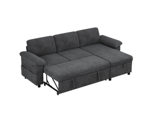 Canapé d'angle réversible convertible <strong>DESMIU</strong> <strong></strong> 3 places Velours côtelé gris avec coffre de rangement