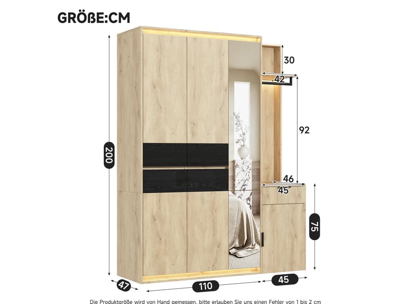  Armoire vestiaire 155x47x200 cm avec miroir et éclairage led, mdf, bois clair, rangement entrée et dressing, chambre  - Conforama C